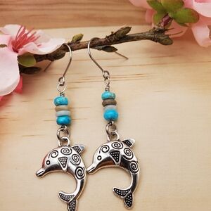 Silver Dolphin Earrings with Turquoise Accents